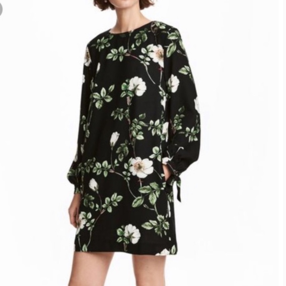H&M Black Floral Shift Dress LS Tie Wrist